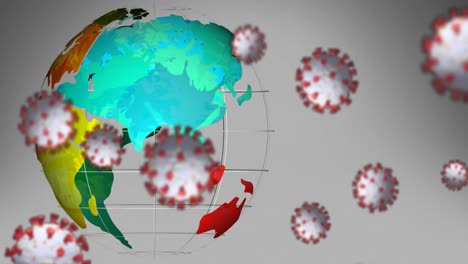 Digitale-Animation-Mehrerer-Covid-19-Zellen,-Die-Vor-Grauem-Hintergrund-über-Einem-Sich-Drehenden-Globus-Schweben