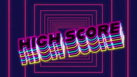 Neon-high-score-text-with-shadow-effect-against-pink-squares-in-seamless-motion-on-blue-background