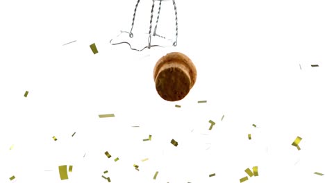 Golden-confetti-falling-over-wine-cork-and-opener-falling-against-white-background
