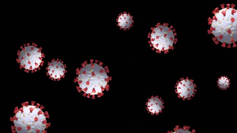 Digital-animation-of-multiple-covid-19-cell-icons-floating-against-black-background
