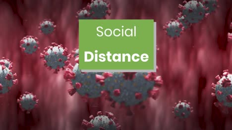 Social-distance-text-on-green-banner-over-multiple-covid-19-cells-floating-against-red-background