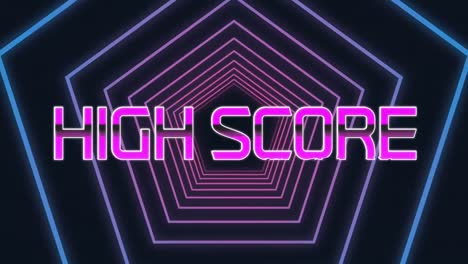 Purple-high-score-text-against-blue-hexagons-in-seamless-motion-on-black-background