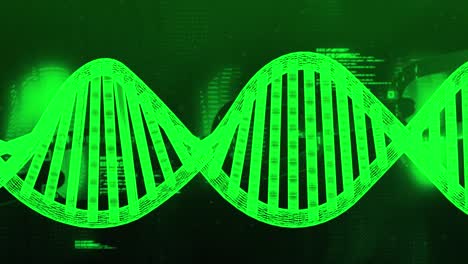 Animation-of-dna-strand-spinning-over-chain-on-green-background