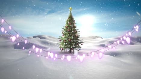 Glowing-fairy-lights-decoration-against-snow-falling-over-christmas-tree-on-winter-landscape