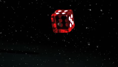 Weiße-Partikel-Schweben-über-Roten-Casino-Würfeln,-Die-Vor-Schwarzem-Hintergrund-Fallen