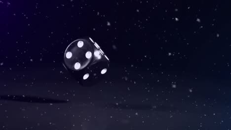 White-particles-floating-over-black-casino-dice-falling-against-black-background