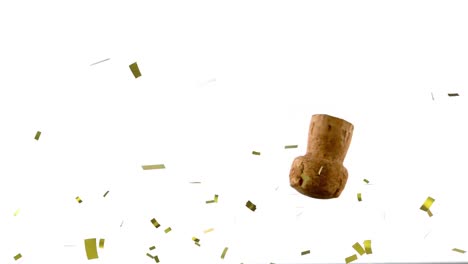 Animation-of-confetti-falling-over-champagne-cork-falling-on-white-background