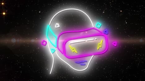 Animation-of-neon-head-wearing-vr-headset-over-black-background