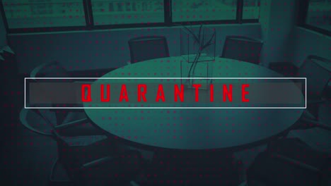 Animation-of-red-text-quarantine,-over-empty-cafe-table-and-chairs