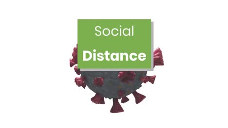Social-distance-text-on-green-banner-over-covid-19-cell-spinning-against-white-background
