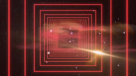 Digitale-Animation-Roter-Quadratischer-Formen-In-Nahtloser-Bewegung-Vor-Leuchtenden-Sternen-Im-Weltraum