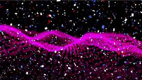 Digital-animation-of-colorful-confetti-falling-over-pink-digital-wave-on-black-background