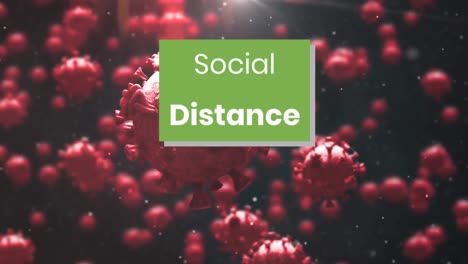 Social-distance-text-on-green-banner-over-multiple-covid-19-cells-floating-against-black-background