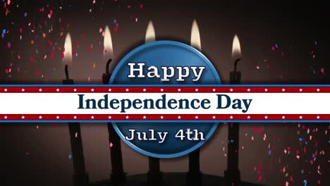 Confetti-falling-over-independence-day-text-banner-over-burning-candles-against-grey-background