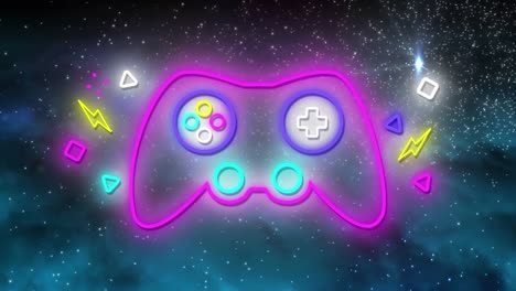 Digital-animation-of-neon-gaming-controller-icon-against-shining-stars-on-blue-background