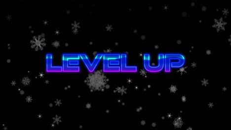 Animation-of-level-up-text-over-snow-on-black-background