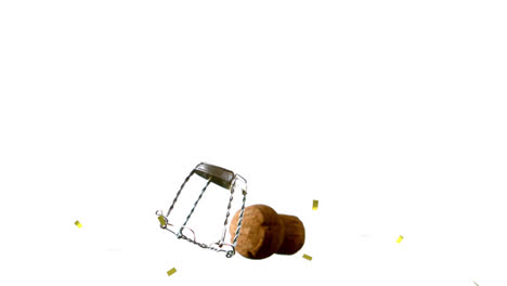 Confetti-falling-over-wine-cork-and-opener-falling-against-white-background