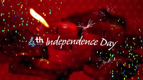 Confetti-falling-over-independence-day-text-banner-over-burning-candles-against-red-background