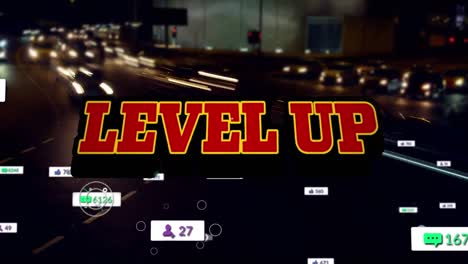 Animation-of-level-up-text-and-numbers-growing-over-cars-on-street