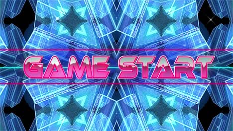 Animation-of-game-start-text-in-pink-metallic-letters-over-blue-kaleidoscope