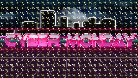 Cyber-monday-text-over-neon-banner-against-abstract-shapes-in-seamless-pattern-against-cityscape
