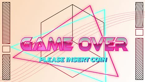 Animation-of-game-over-in-pink-metallic-with-please-insert-coin-text,-over-neon-lines-and-hexagon