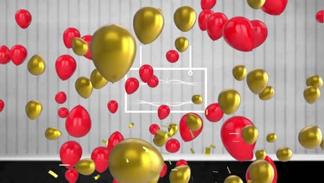 Animation-Von-Goldenen-Und-Roten-Luftballons-Und-Konfetti,-Die-Sich-über-Einen-Rahmen-Auf-Weißem-Hintergrund-Bewegen