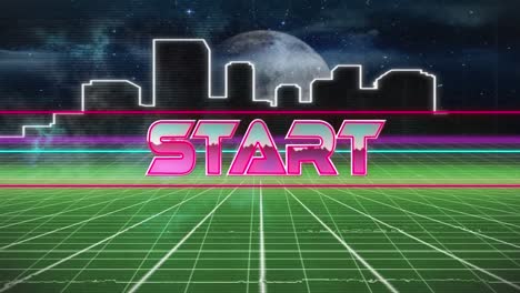 Animation-of-start-text-in-pink-metallic-letters-over-grid-and-neon-lines