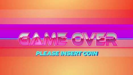 Animation-of-game-over-text-in-pink-metallic-with-blue-please-insert-coin-text-on-purple-and-orange