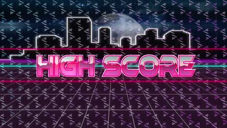 High-score-text-over-neon-banner-over-abstract-shapes-in-seamless-pattern-against-cityscape