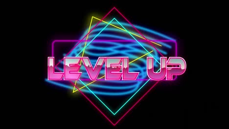 Animation-of-level-up-text-in-pink-metallic,-over-neon-lines-on-black