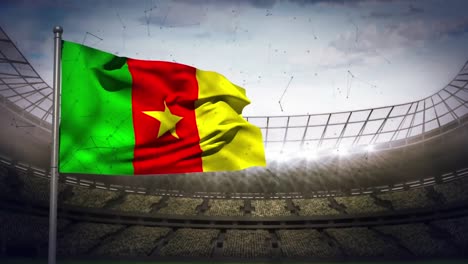 Animation-of-network-of-connections-over-flag-of-cameroon-and-sports-stadium