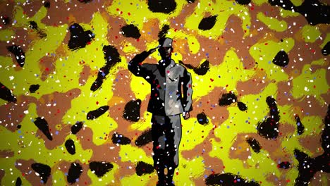 Animation-of-confetti-and-red-firework-over-saluting-soldier-and-yellow-camouflage