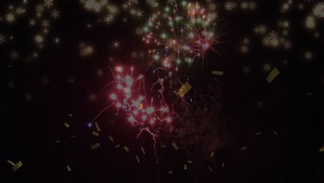 Animation-Von-Feuerwerk-Und-Konfetti-Auf-Schwarzem-Hintergrund