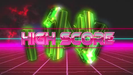 Animation-of-high-score-text-in-pink-metallic-letters-over-neon-lines