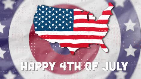 Animation-Des-Textes-Zum-Unabhängigkeitstag-Und-Der-USA-Karte-über-Den-Sternen-Der-Amerikanischen-Flagge-Und-Farbig-Auf-Kreisen