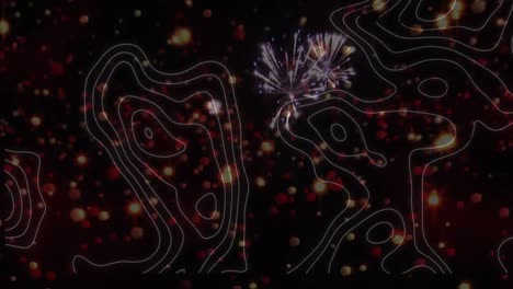 Animation-of-contour-lines-and-spots-of-light,-over-exploding-fireworks