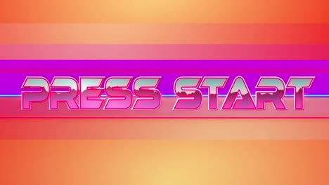 Animation-of-press-start-text-in-pink-metallic,-over-neon-lines-on-orange-and-purple