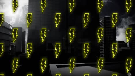 Digital-animation-of-multiple-thunderbolt-icons-in-seamless-pattern-against-tall-buildings