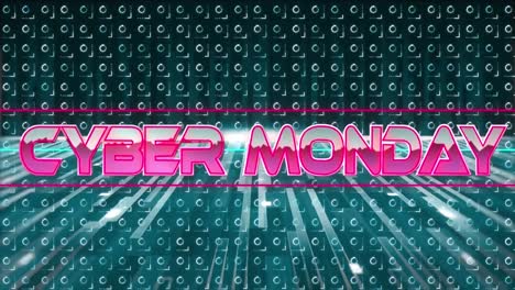 Animation-of-cyber-monday-text-in-pink-metallic-letters-over-pattern-and-neon-lines