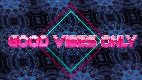 Animation-of-good-vibes-only-text-in-pink-metallic-over-neon-lines-on-blue-kaleidoscopic-shapes
