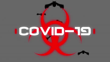 Animation-of-warning-text-covid19,-over-red-biohazard-symbol-and-bats,-on-grey