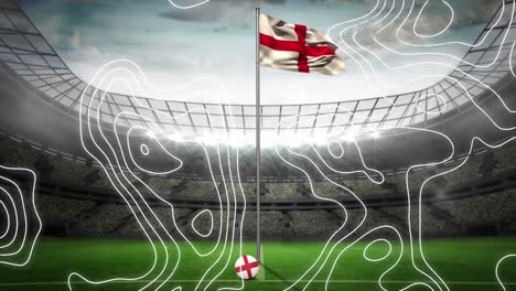Animation-of-white-map-lines-over-flag-on-england-and-sports-stadium