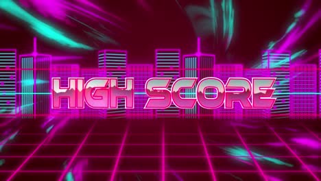 Animation-of-pink-text-high-score,-over-pink-grid-with-pink-and-blue-cityscape-and-moving-lights