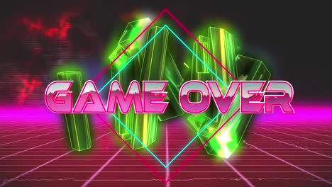 Digital-animation-of-game-over-text-over-neon-banner-against-golden-crystals-and-red-grid-network