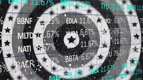 Animation-of-stock-market-over-black-and-white-american-flag-stars-and-coloured-on-circles