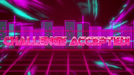 Challenge-accepted-text-over-neon-banner-against-digital-waves-and-neon-cityscape-on-red-background