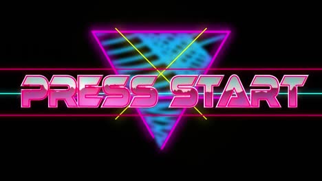 Animation-of-press-start-text-in-pink-metallic-letters-over-neon-lines