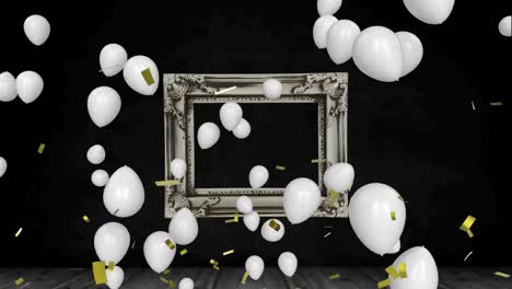 Golden-confetti-falling-and-multiple-white-balloons-floating-over-frame-against-black-background