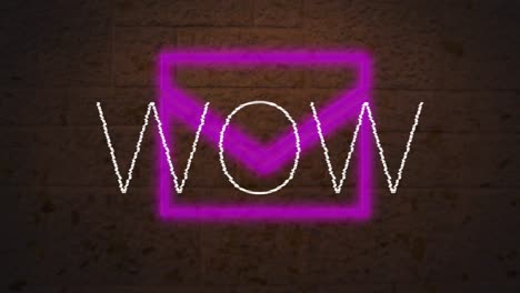 Digital-animation-of-wow-text-over-neon-purple-message-icon-against-brick-wall